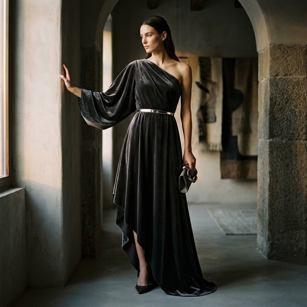Midnight Charcoal Drape Gown